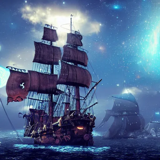Prompt: a pirate ship with galaxies in the sky ,highly detailed, 4k, HDR, award-winning, artstation, octane render