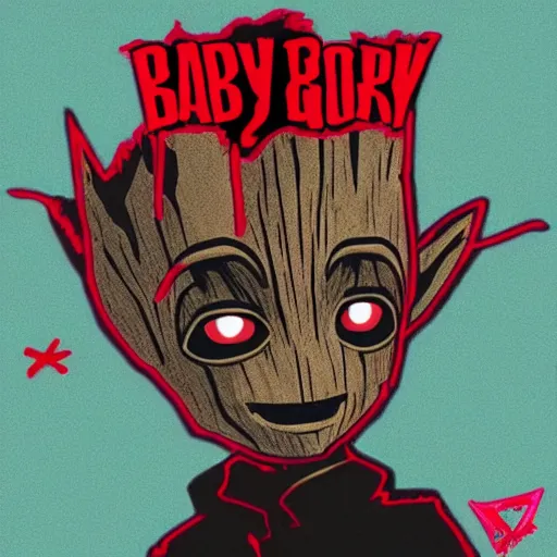 Image similar to baby groot and random japanese words with red and black colors as scarlxrd album cover