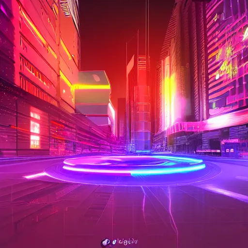 Image similar to futuristic city with dao yin - yang symbols floating around many neon lights, digital art