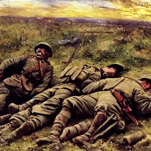 Prompt: Battle of the Somme but the soldiers are sleeping on the ground painting 1916