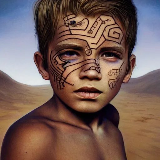 Prompt: a detailed portrait of a boy with a face tattoo in the desert, fantasy art illustration, incredibly highly detailed and realistic, 8 k, sharp focus