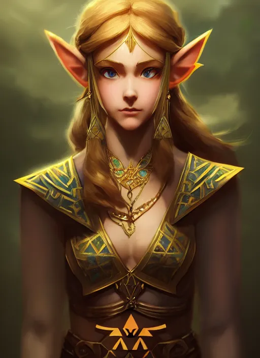 Image similar to zelda with triforce, fantasy, intricate, elegant, highly detailed, digital painting, artstation, concept art, wallpaper, smooth, sharp focus, illustration, art by wlop