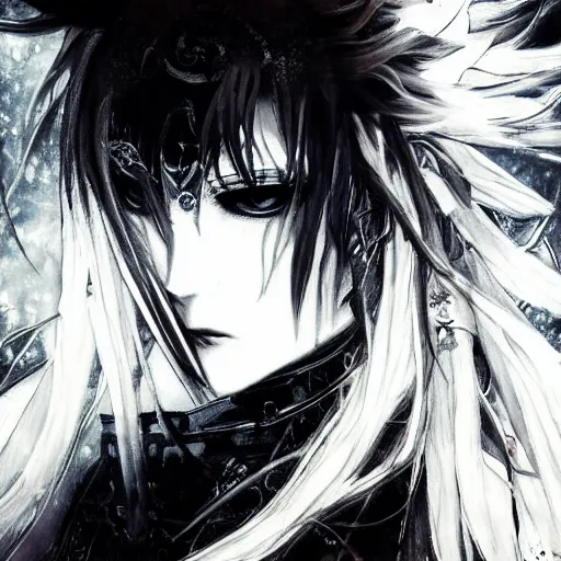 Image similar to Yoshitaka Amano blurred and dreamy illustration of an anime girl with pirate eye patch, wavy white hair and cracks on her face wearing Elden ring armour with the cape fluttering in the wind, abstract black and white patterns on the background, noisy film grain effect, highly detailed, Renaissance oil painting, weird portrait angle