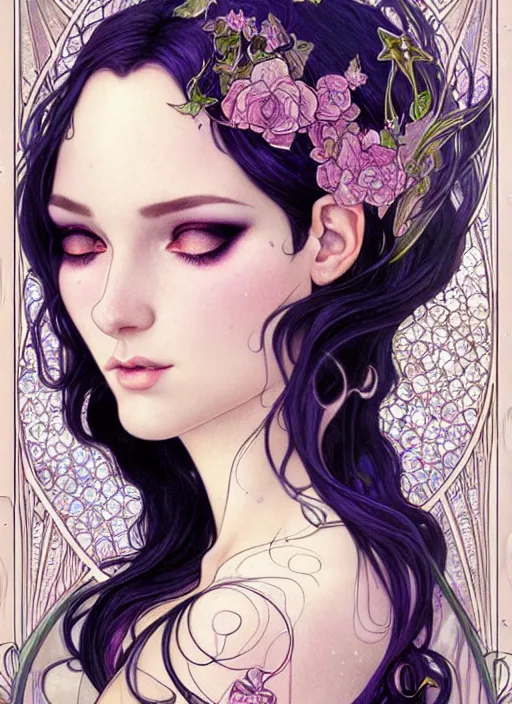 Image similar to fantastic portrait of a beautiftul witch with some shinny star, royally decorated crystal gemstones, symmetrical face, art nouveau, portrait, cute, fairy, by artgerm, kelly mckernan, charlie bowater, alphonse mucha, detailed background, artstation, intricate, elegant, highly detailed