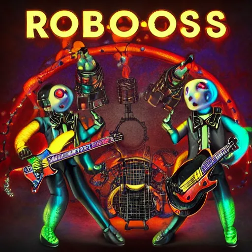 Image similar to album art, bandname is robos rock, rockband with 3 steampunk robots playing guitar and drums, 8 k, flourescent colors, halluzinogenic, multicolored, exaggerated detailed, front shot, 3 d render, octane