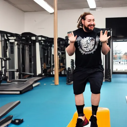 Prompt: post Malone exercising excessively doing perfect form jumping jacks at a local gym.