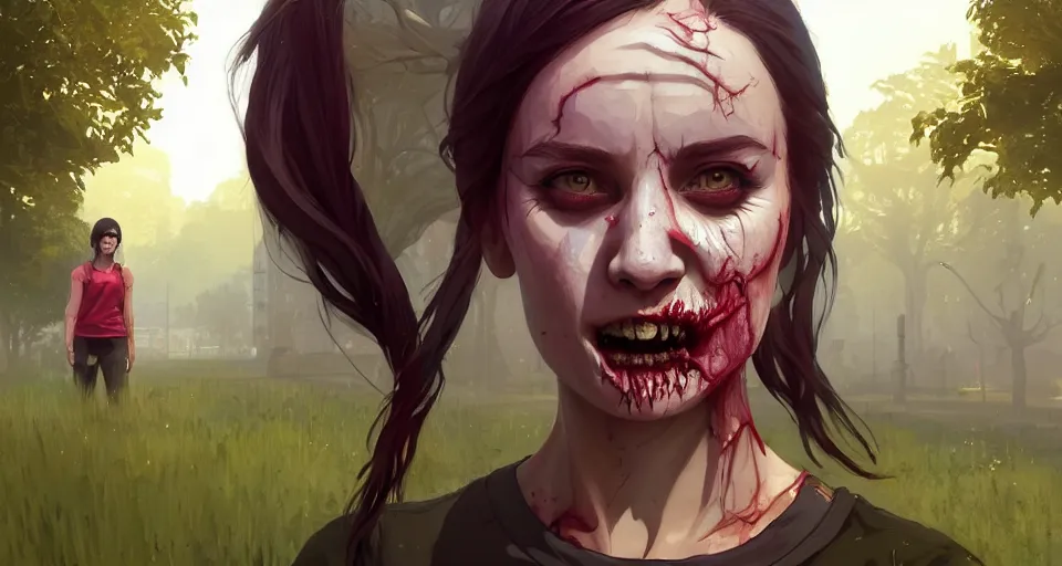 Prompt: highly detailed portrait female jogger horrible zombie in gta v, in a city park, stephen bliss, unreal engine, fantasy art by greg rutkowski, loish, rhads, ferdinand knab, makoto shinkai and lois van baarle, ilya kuvshinov, rossdraws, tom bagshaw, global illumination, detailed and intricate environment