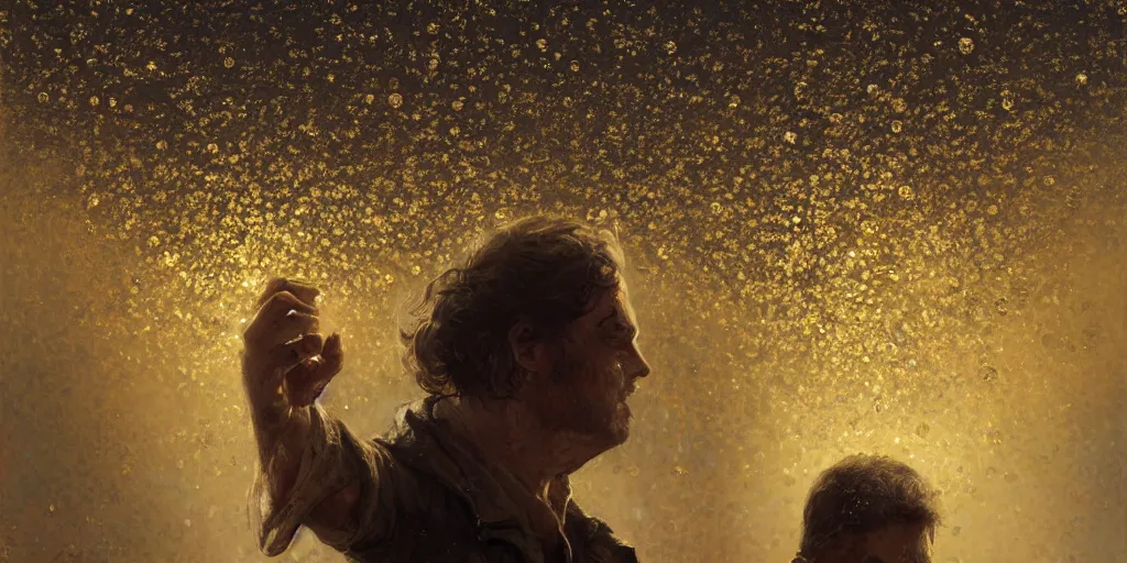 Image similar to swarm of iridescent golden bubbles surrounding a man, by greg rutkowski