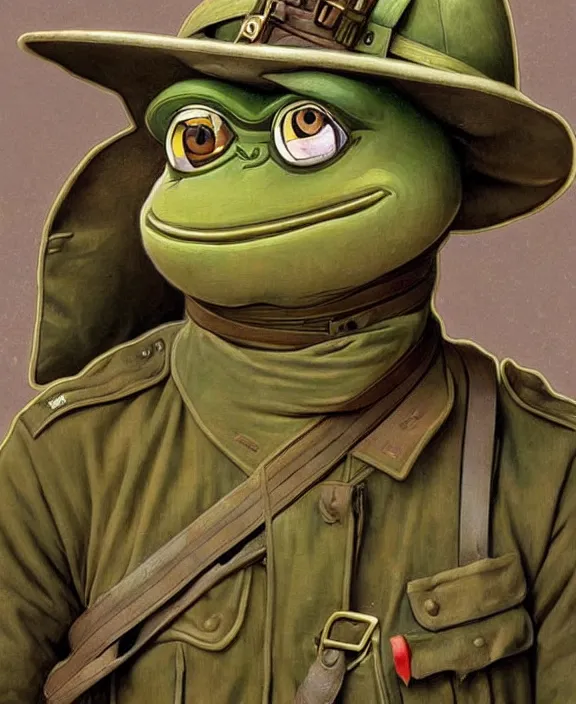 Prompt: Pepe the Frog in WW1 military uniform, Safari khaki, pith helmet, Schutztruppe, German Empire, WW1, Tooth Wu Artgerm Greg Rutkowski Alphonse Mucha Beeple