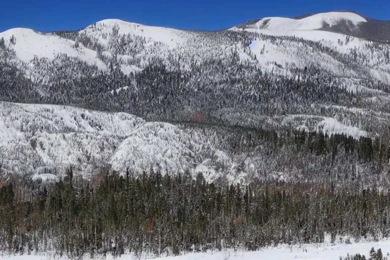 Image similar to long distance photo of snowy shrek range rising from swampy plains