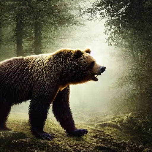 Image similar to a large grizzly bear lovecraftian monster running quickly through a woodland, magical forest, fantasy, Ireland, England, king Arthur, Lord of the rings, cinematic, realistic style, beautiful, majestic, dramatic lighting, early morning, dawn CGsociety, realistic, hyper maximalist, golden ratio, octane render, rule of thirds, wide shot , 8k resolution, epic volumetric light, cinematography, concept art, Artstation trending, environments, fantasy