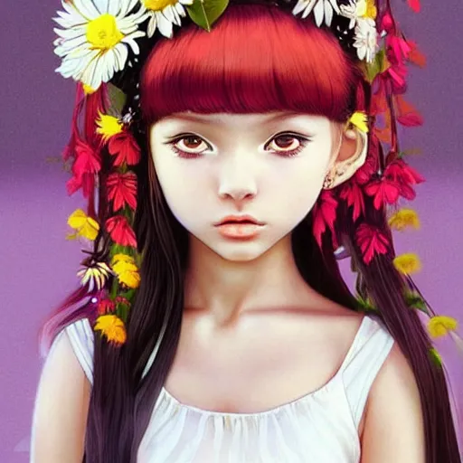 Prompt: little indigenous girl with flowers in hair wearing an white dress. art by ilya kuvshinov, profile picture, inspired in hirohiko araki, realistic, highly detailed, 8 0 s anime art style, vogue cover