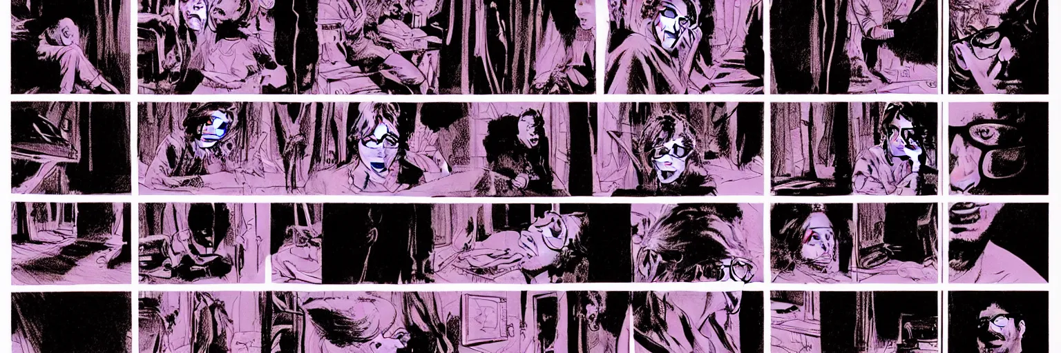 Image similar to character study of todd solondz tripping on mushrooms and becoming god | vivid colors : storyboard, graphic novel, adult comics, dramatic and emotional, concept design, realistic. by gabriel hardman, joe alves, j. todd anderson, chris bonura. cinematic atmosphere, detailed and intricate, perfect anatomy