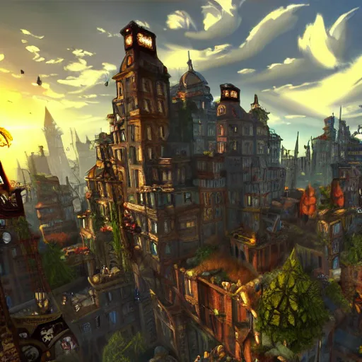 Prompt: A fantastical underground steampunk village with towering buildings, side-scrolling 2d platformer game level, dramatic dusk sun illuminates areas, volumetric light , detailed, rich color, upscale , 8k