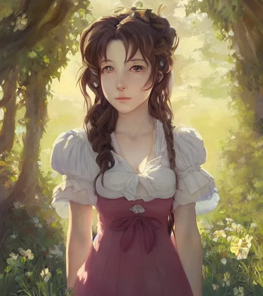 Image similar to aerith gainsborough in a cottagecore dress, portrait, illustration, rim light, top light, perfectly shaded, spring time, slight overcast lighting, soft painting, art by krenz cushart and wenjun lin