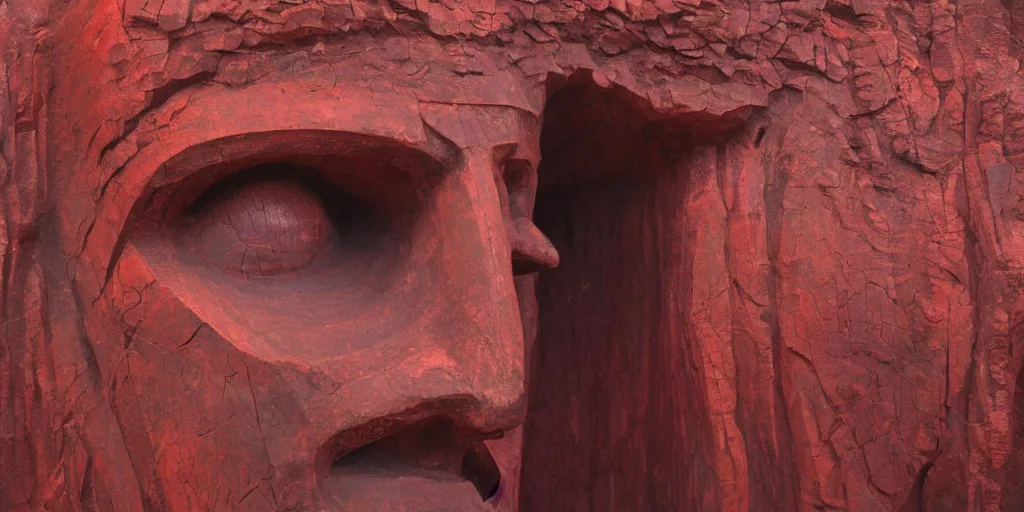 Prompt: an ancient red mountain carved into the face of priestess, sci - fi, landscape, fantasy