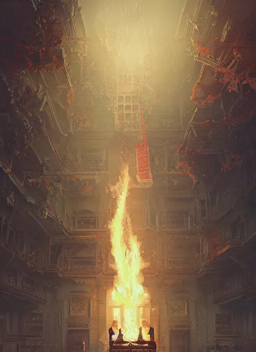 Image similar to highly detailed image of ferdinand marcos burning in malacanang palace, stephen bliss, unreal engine, fantasy art by greg rutkowski, loish, rhads, ferdinand knab, makoto shinkai and lois van baarle, ilya kuvshinov, rossdraws, tom bagshaw, alphonse mucha, global illumination, radiant light, detailed and intricate environment