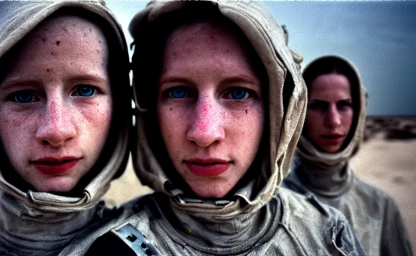 Image similar to cinestill 5 0 d photographic portrait by helen levitt of a white and mixed female android couple wearing rugged black mesh techwear on a desolate plain of america, extreme closeup, modern cyberpunk, dust storm, 8 k, hd, high resolution, 3 5 mm, f / 3 2, ultra realistic faces, intricate detail, ex machina