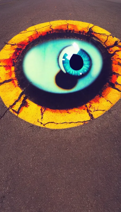 Image similar to photo of a giant eye open on an asphalt road, realistic photo, shot with a gopro, looming, colorful, eerie