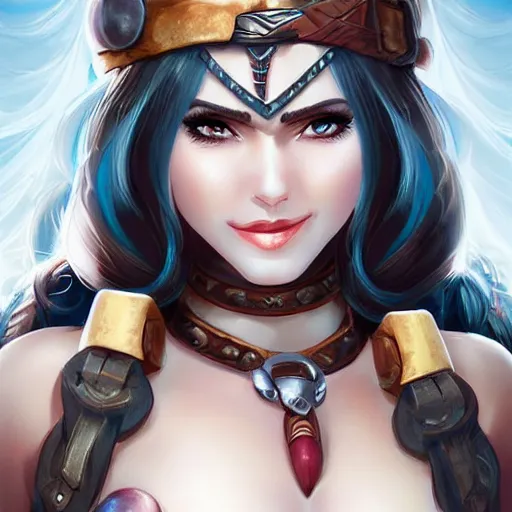 Image similar to very beautiful female barbarian, smiling, flirty, eye contact, perfect face, perfect body, drawn by artgerm