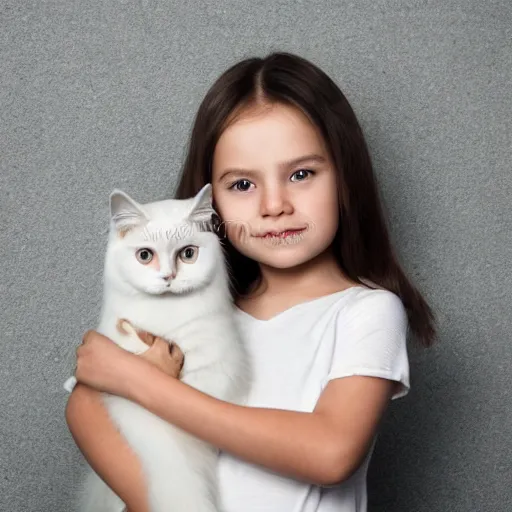 Image similar to photographic studio portrait of a child holding a birman cat, high quality, clean, anatomically accurate, studio lighting, stock photo, 8k, hd
