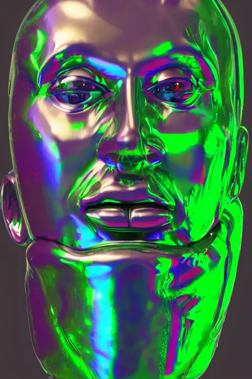 Image similar to 3d render of holographic angry human robotic screaming angry bust made of glossy iridescent, screaming, bust, surrealistic 3d illustration of a human non-binary, non binary model, 3d model human, cryengine, made of holographic texture, holographic material, holographic rainbow, concept of cyborg and artificial intelligence