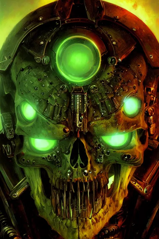 Prompt: extreme close up cybernetic skull with bullets for teeth warhammer 4 0 k extreme detail glowing green portal background portrait dnd, painting by gaston bussiere, craig mullins, greg rutkowski, yoji shinkawa