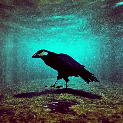 Image similar to crow underwater, glow, horror, creepy