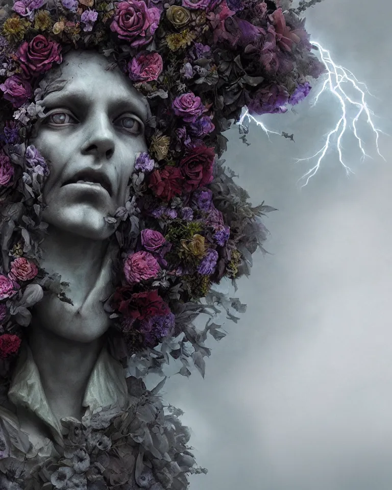 Image similar to a digital painting of the face of a gothic cemetery statue made of mist and flowers, cinematic lightning, Andrew Ferez, Charlie Bowater, Marco Mazzoni, Seb McKinnon, Ryohei Hase, Alberto Seveso, Kim Keever, trending on cgsociety, featured on zbrush central, new sculpture, mystical