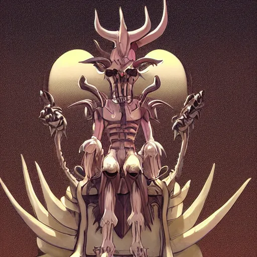 Image similar to concept art painting of a dragonlike anthropomorphic humanoid creature with a long dragon neck and horned skull mask, sitting on a throne, anime style, cel shaded, in the style of makoto shinkai and james gurney and studio ghibli and moebius