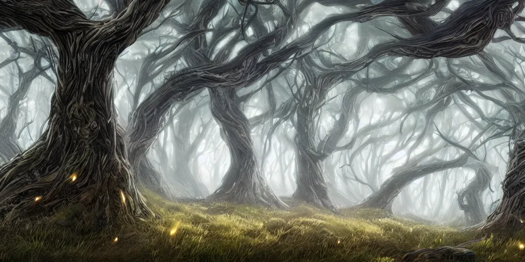 Image similar to forest of windswept windswept windswept trees, high quality fantasy art, 4k