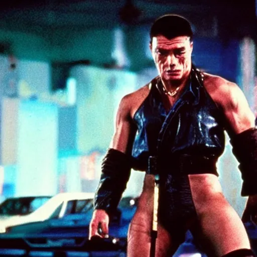 Image similar to movie still, 1 9 8 0 s, van damme as cyberpunk street fighter, hyperdetailed, by ridley scott, john carpenter and vittorio storaro, blue leds