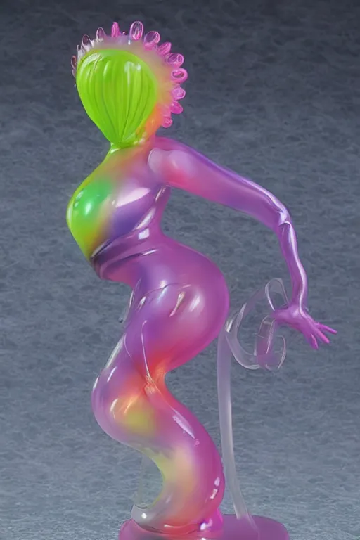 Image similar to a fat jelly super detailed anime figurine with fluo color detail, and muted arm colors, that looks like a insect, on top of a painting of plastic synthetic ionized metal flower sculptures