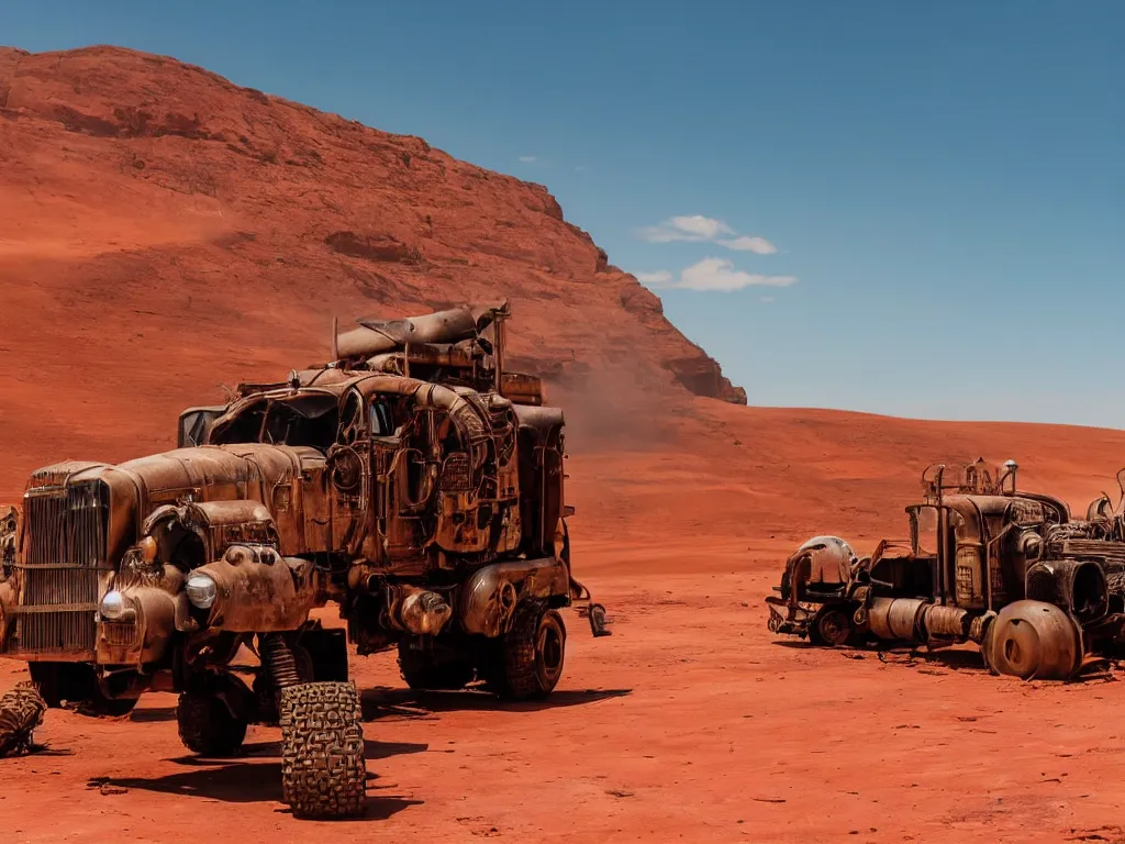 Prompt: steampunk truck in the australian desert, mad max, red sand, clear blue skies, sun rays, heat haze, blistering heat, uhd movie still, two point perspective, hills on the horizon, goanna, parched, cracked earth, post - apocalyptic