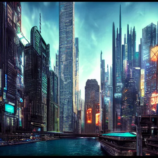 Prompt: incredibly detailed, beautiful futuristic cyberpunk Chicago