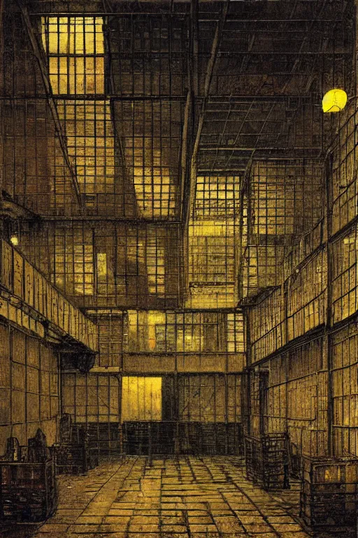 Prompt: a beautiful painting digital of a hall at night with broken windows with wooden crates metal grids by john atkinson grimshaw