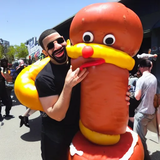 Image similar to drake hugging a giant hotdog man