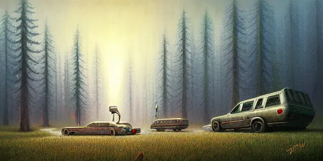 Image similar to painting maze with redwood trees city from bladerunner by tomasz alen kopera and daniel lieske with futuristic neolithic town by simon stahlenhag