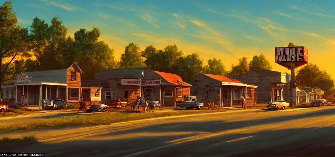Prompt: concept art a small rural town in middle America in the 1960s, detailed, Americana, golden hour