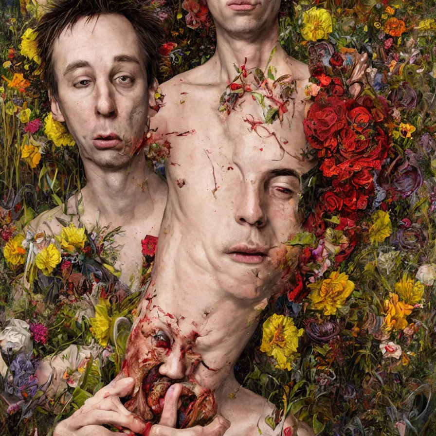 Prompt: male portrait of anorexic john zorn todd solondz eating rotten flesh and puking blood wearing a thong, surrounded by flowers by karol bak, james jean, tom bagshaw, rococo, trending on artstation, cinematic lighting, hyper realism, octane render, 8 k, hyper detailed.