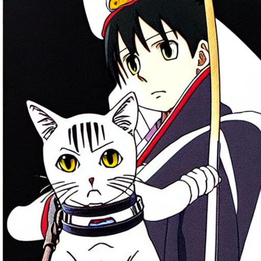 Image similar to anime key visual of hayao miyazaki studio ghibli, short - hair tabby cat wearing samurai armor, kurosawa black and white