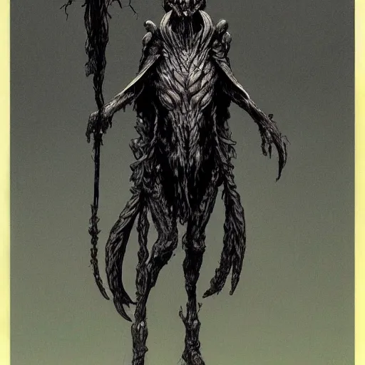 Prompt: concept art of a ancient magus, fae, skulled creature with black fur, elegant, tendrils, forest, heavy fog, fantasy, wayne barlowe
