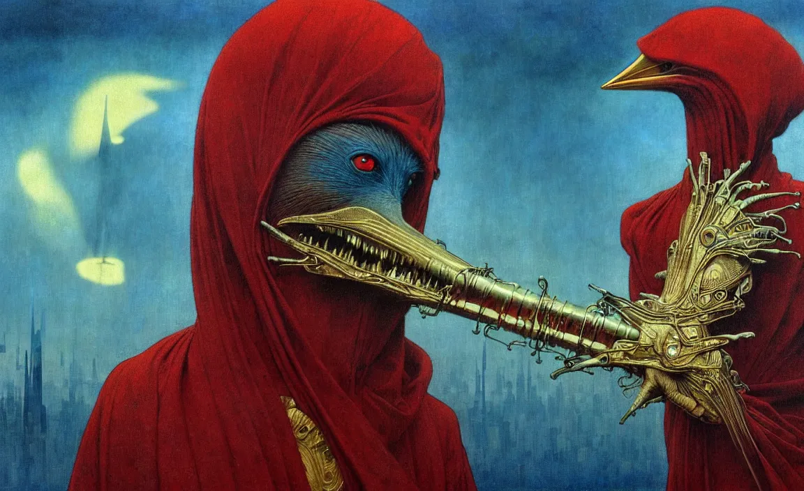 Image similar to realistic detailed portrait movie shot of a birdman wearing a dark robes, sci fi city landscape background by denis villeneuve, amano, yves tanguy, alphonse mucha, ernst haeckel, max ernst, roger dean, masterpiece, rich moody colours, dog teeth, blue eyes