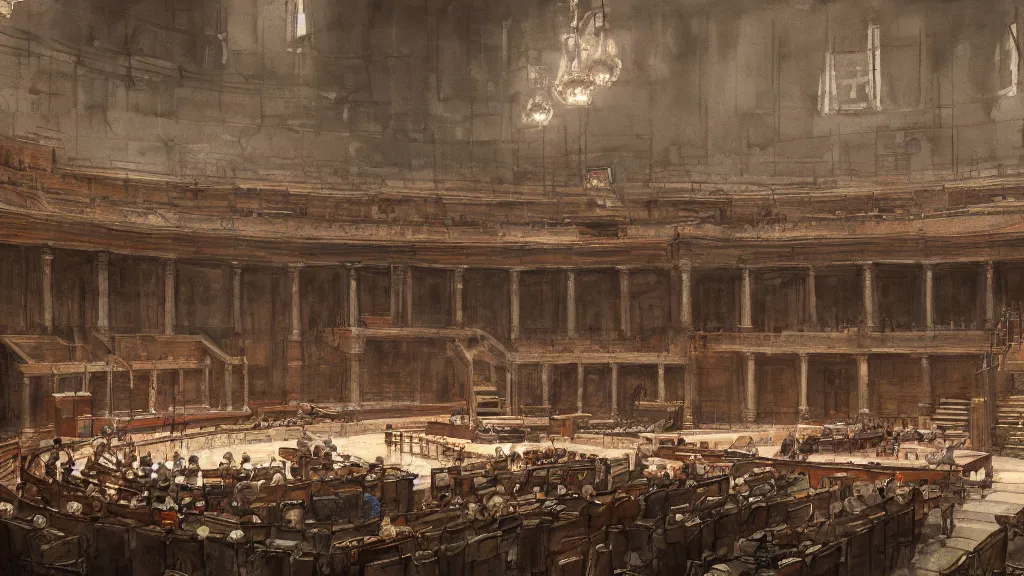 Image similar to interior of roman senate in session, watercolored, jakub rozalski, dark colours, dieselpunk, artstation