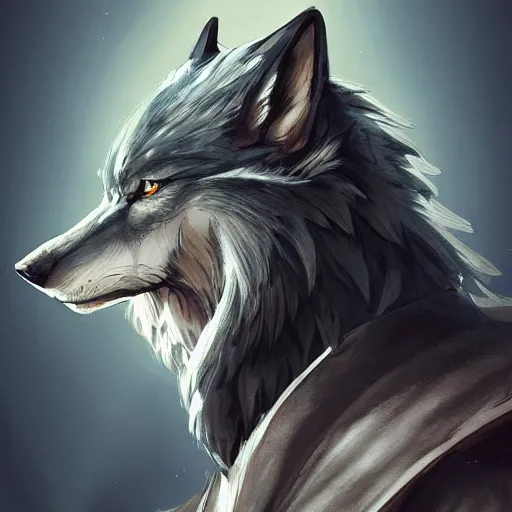 Image similar to an anthropomorphic wolf in a black doublet looking out over the hills, artstation hq, stylized, sharp focus, concept art, furaffinity fursona, furry, anthropomorphic, digital art by ayami kojima