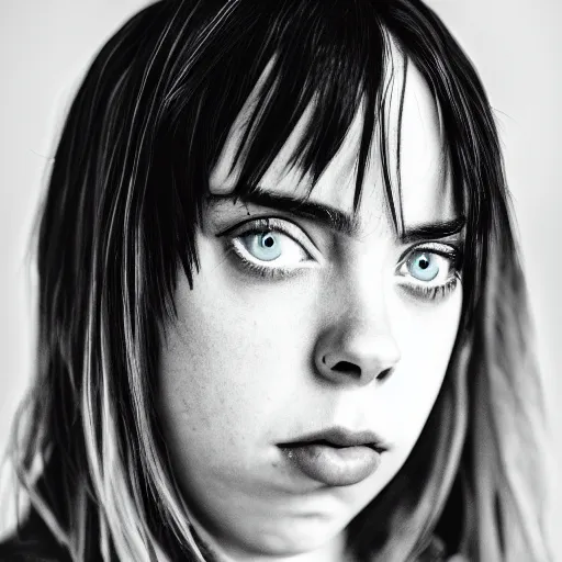 Prompt: Portrait of Billie Eilish with enormous Anime eyes, vogue, perfect face, intricate, Sony a7R IV, symmetric balance, polarizing filter, Photolab, Lightroom, 4K, Dolby Vision, Photography Award