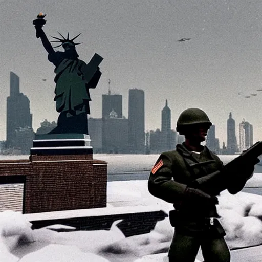 Image similar to The war between the Soviet Union and America, the action takes place in New York, far away against the background of the Statue of Liberty, a lot of soldiers and military equipment, a lot of explosions and tracer bullets, a lot of ruins, a very epic battle, The style of photography of the 80s