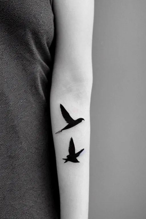 Image similar to a simple artistic tattoo design of minimalist flying birds, black ink, abstract geometric logo