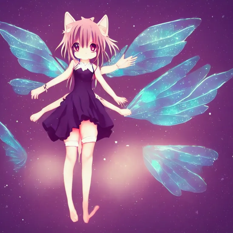 Image similar to cute, full body, female, anime style, a cat girl with fairy wings, large eyes, beautiful lighting, sharp focus, simple background, creative, heart effects, filters applied, illustration