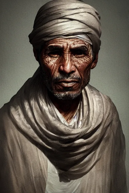 Prompt: egyptian citizen, portrait, poor, intricate, elegant, volumetric lighting, digital painting, highly detailed, artstation, sharp focus, illustration, ruan jia, steve mccurry